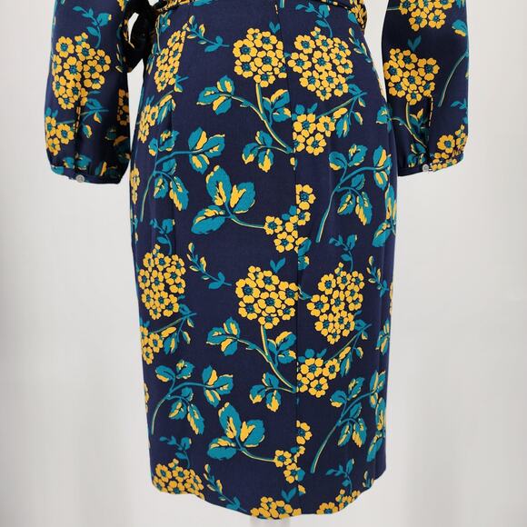 J Crew Floral Wrap Dress 0 V Neck 3/4 Sleeve Style K0109 Navy Blue Yellow Career - Picture 8 of 11